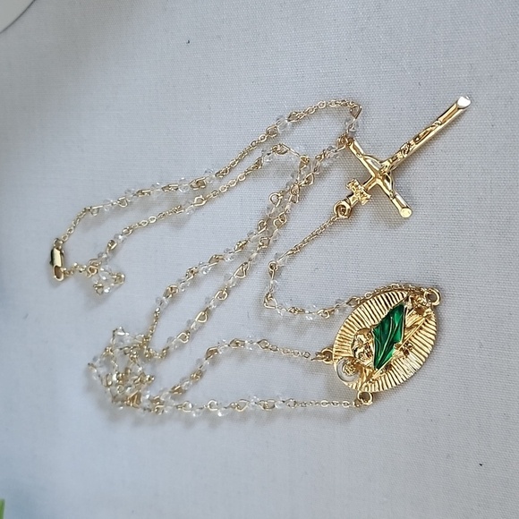 Gold with Clear Crystal Rosary Necklace St Jude Pendant - Picture 5 of 7